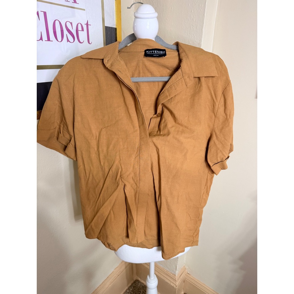Kittenish Jessie James Decker Brown Cotton Linen Short Sleeve Button Down Top M